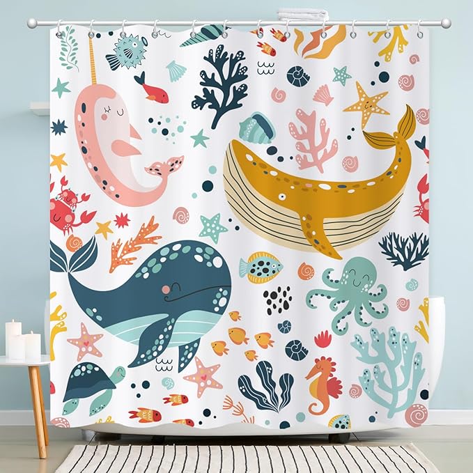 Kids Whale Shower Curtain, Funny Cute Ocean Fish Cartoon Sealife Under Sea Coral Starfish Bath Curtain Waterproof Fabric Machine Washable with Hooks, 60" Wx72 L