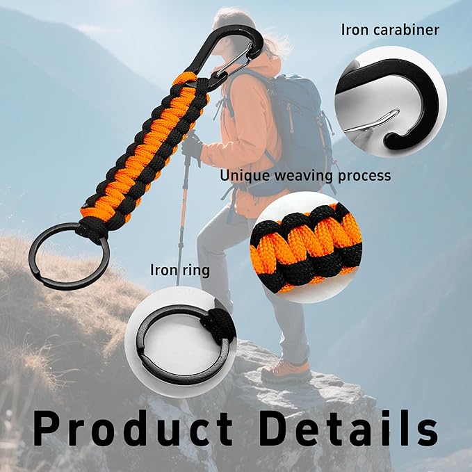 3PCS Paracord Keychain with Carabiner Clip, Braided Rope Key Chain Lanyard, Heavy Duty Paracord Keychain Ring for Men Women Outdoor Camping Hiking Backpack Survival Gear, Colorful