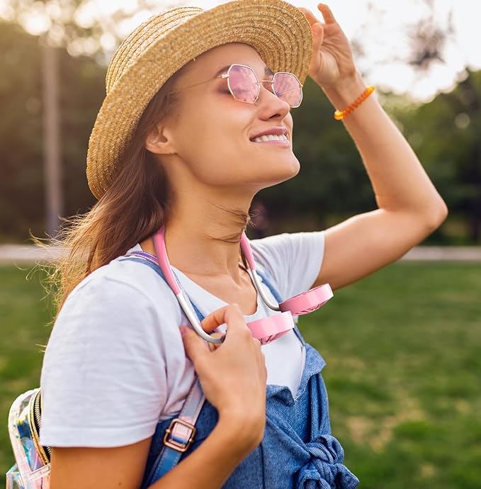 Portable Neck Fan Rechargeable Personal Hand-Free Fan Mini USB Wearable Neckband Sport Fan, 3 Speed Adjustable, 360 Degrees Free Rotation Perfect for Working, Traveling,Office, Reading (Blue Pink)