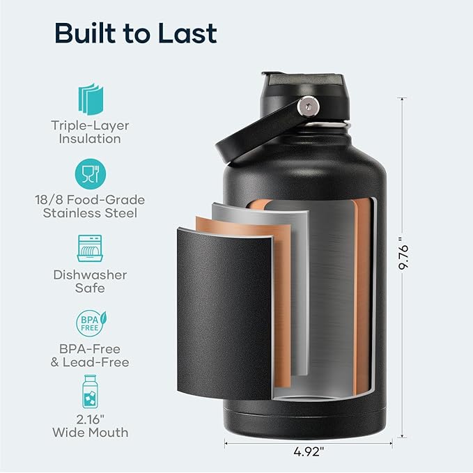 BUZIO Vacuum Insulated Stainless Steel Water Bottle 64oz (Cold for 48 Hrs/Hot for 24 Hrs) BPA Free Double Wall Travel Mug/Flask for Outdoor Sports Hiking, Cycling, Camping, Running
