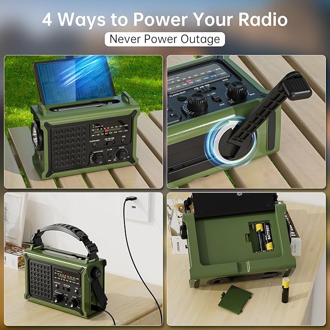 12000mAh/44400mWh Emergency Radio-NOAA Approved Weather Radio with AM/FM Portable Solar Panel/Hand Crank/AC Input Rechargeable Battery and Flashlight SOS Siren Lamp for Indoor/Outdoor Emergencies