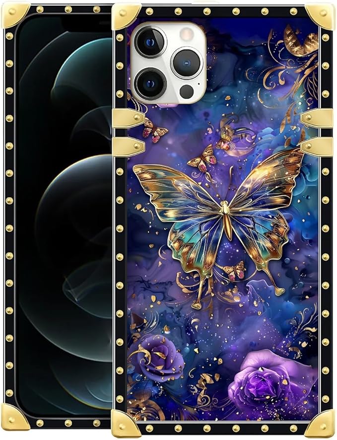 Compatible with iPhone 11 Pro Max Case, Glistening Golden Butterfly Vibrant Purple Blue Luxury Golden Decoration for Girl Women Soft TPU Shockproof Protective Hard PC Back