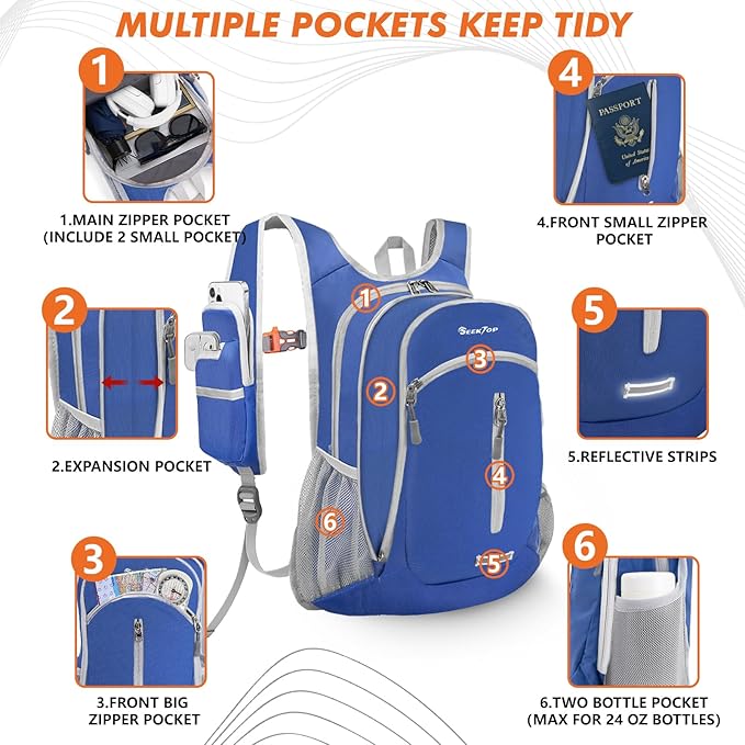 Seektop Small Hiking Backpack Expandable 12L-15L, Lightweight Packable Waterproof Daypack with Phone Pocket for Women Men