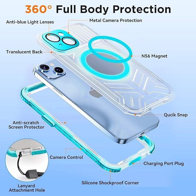 WIFORT for iPhone 15 Waterproof Case, [IP68 Underwater Dustproof][Built-in Screen][15FT Military Shockproof], 360 Full Body Sealed Protection Cover Magnetic Frosted Phone Case, 6.1" Teal