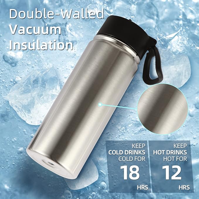 Volhoply 18oz Insulated Water Bottle Bulk 4 Pack,Kids Stainless Steel Water Bottles with Straw,Reusable Metal Water Bottle,Double Wall Vacuum Sports Water Flask For Cold Drink(Silver,4 Set)