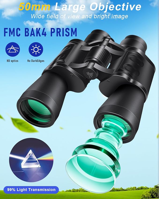 20x50 High Powered Binoculars for Adults, Clear Durable Binoculars for Bird Watching Sightseeing Wildlife Watching Travel Hunting Football Games Stargazing with Carrying Case & Strap