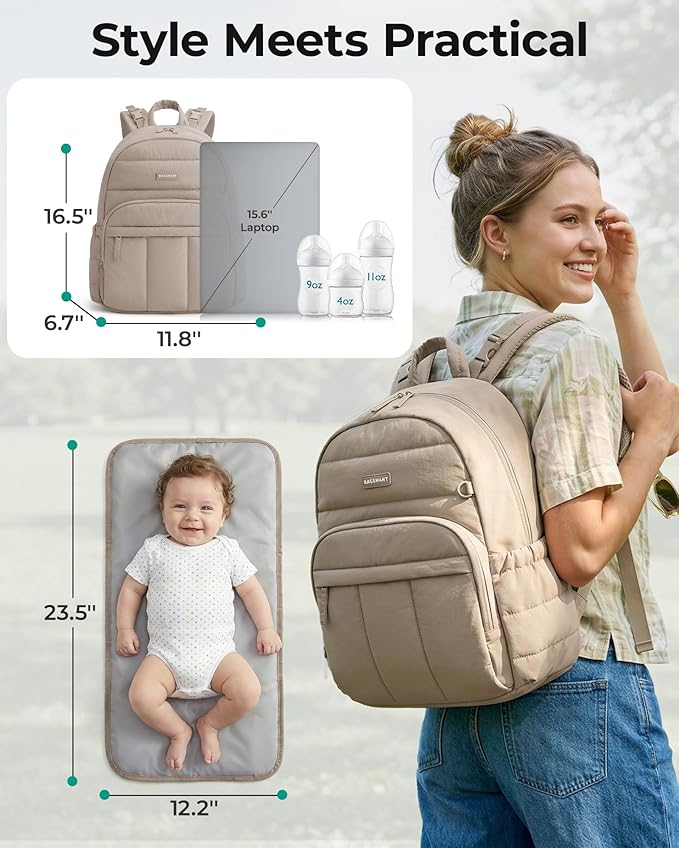 BAGSMART Diaper Bag Backpack, Multi-Pocket Puffy Diaper Bag with Waterproof Changing Pad, Lightweight Stroller-Friendly Diaper Bag with Insulated Pockets, Easy-Access Baby Essential, Coffee Brown