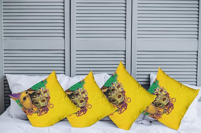 Ambesonne Mardi Gras Decorative Throw Pillow Case Pack of 4, Colorful Group of Venetian Carnivals Accessories, Cushion Cover for Couch Living Room Car, 24", Purple Yellow