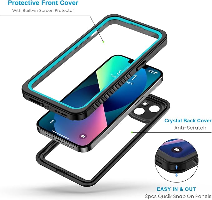 Lanhiem for iPhone 13 Case, IP68 Waterproof Dustproof Shockproof Cases with Built-in Screen Protector, Full Body Sealed Protective Front and Back Cover for iPhone 13, 6.1 inch (Blue)