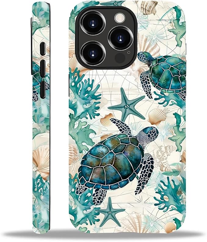 for iPhone 14 Pro Case,HH2 Ocean Sea Turtle Nautical Map Hybrid 2 Layer Hard Shell Silicone Protective Pattern Design Case