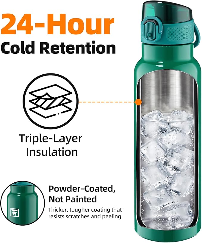 Fanhaw Daylite Series 24 oz Stainless Steel Insulated Water Bottle with Silicone Spout Lid, Double-Wall Vacuum Leakproof Metal Bottle, Anniversary Birthday Gift for Kids, Women & Men (Mars Green)