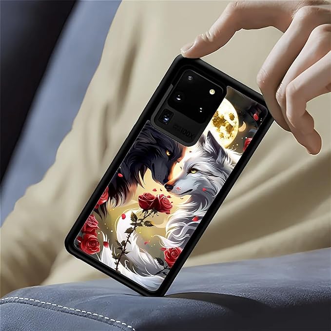 for Samsung Galaxy S20 Ultra Case, Black White Wolf Moon Flower Rose Pattern Graphic Design Girl Boy Soft Silicone Hard Acrylic Shock Protection for Samsung Galaxy S20 Ultra