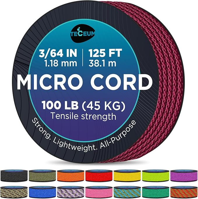 TECEUM Micro Paracord – 1.18 mm X 125 ft – Micro Utility Cord – Thin Braided Paracord Rope – Best for Crafting, DIY Projects, Fishing, Camping – Wind Chime Replacement – Survival Strong String