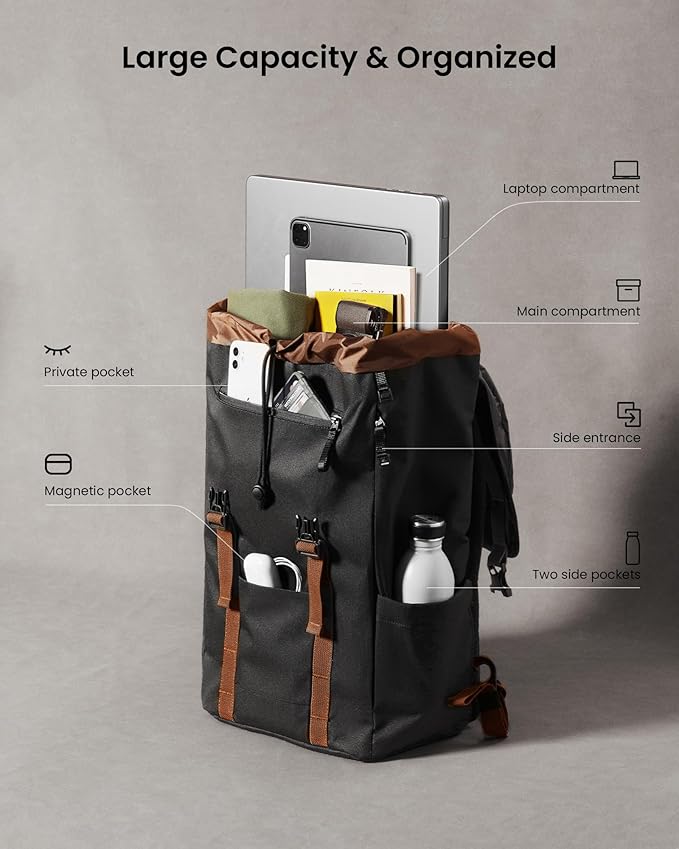 tomtoc Flap Laptop Backpack, Lightweight, Water-Resistant Casual Daypack, Durable Work-pack, Vintage Classic Rucksack for 13-15.6 Inch Laptop, perfect for Campus, Street, 22L Black