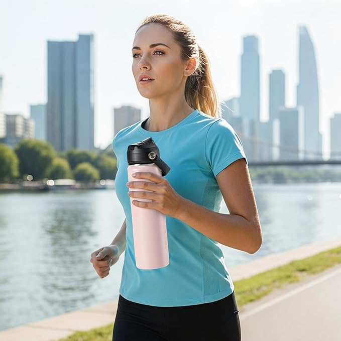 Fijinhom 24oz Insulated Stainless Steel Water Bottle, Wide Mouth Double Wall Vacuum, Silicone Straw, Sweat & Leak Proof, BPA Free Insulated Water Flask for Travel, Keep Cold 24h Hot 12h, Light Pink