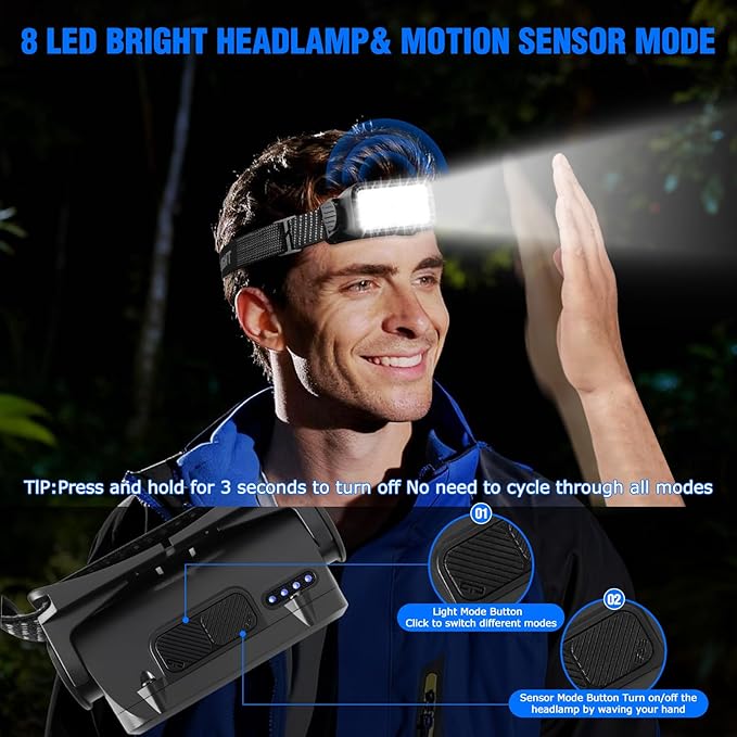 VZZNN 6 Pack Rechargeable Headlamp,Super Bright LED Head Flashlight with Motion Sensor,IPX6 Waterproof Headlight for Camping,Hiking,Fishing,Running,Hunting,Hands Free Head Lamp for Adults,Team Work