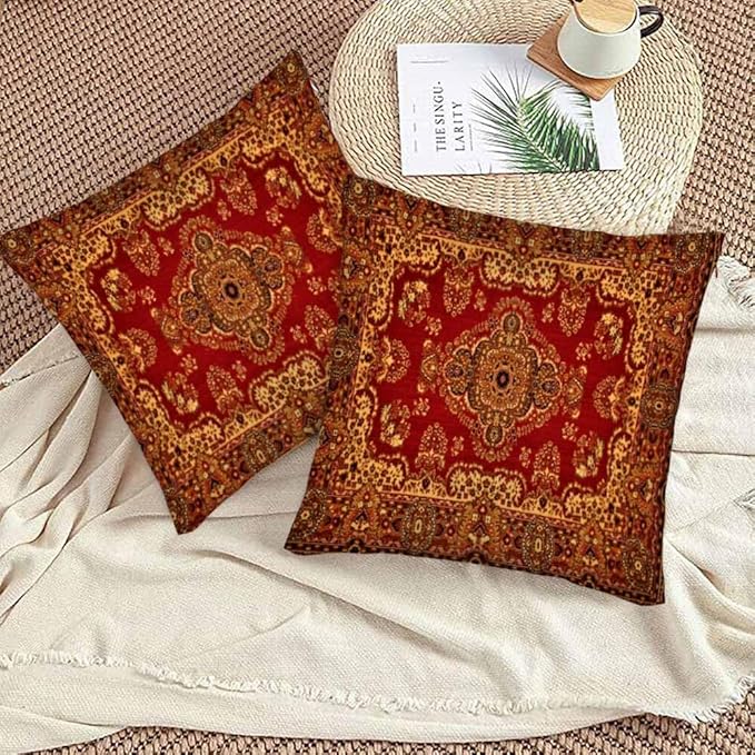 Red Oriental Persias Couch Pillow Covers 18 X 18 Boho Set of 2 Pillowcases Square Velvet Outdoor Cushion Pillow Cases Decorative for Home Bed Sofa Couch Hotel