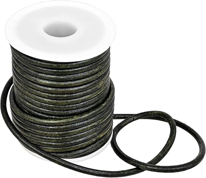 GENIQUE Real/Genuine Round Leather String Cord for Necklace, Bracelets, Jewelry, Kumihimo Braiding, DIY Projects (10 Metres) (3mm, Green Distressed)