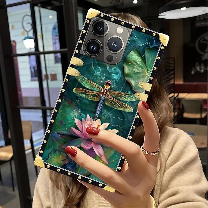 Compatible with iPhone 12 Pro Max Case, Colourful Dragonfly Pink Lily Pads Luxury Golden Decoration for Girl Women Soft TPU Shockproof Protective Hard PC Back for iPhone 12 Pro Max