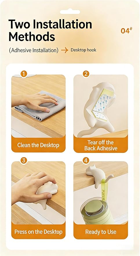 Cat Desk Hook for Kids - Damage-Free No Drill Desk Side Hook, 5KG Load Capacity ABS Backpack Hanger, Adhesive Included Multi-Purpose Organizer for Student School Desk/Home Office