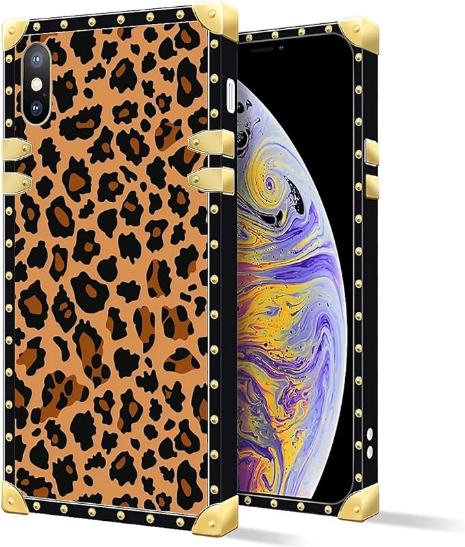 Compatible with iPhone Xs Max Case, Brown Leopard Texture Luxury Golden Decoration for Girl Women Soft TPU Shockproof Protective Hard PC Back for iPhone Xs Max