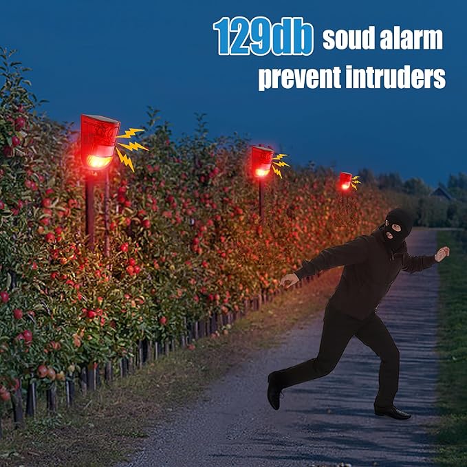 Qualirey Solar Sound and Light Alarm Motion Sensor 129db Outdoor Security Siren Waterproof Activated Detector Driveway Alarm 6 LEDs Flash Warning Deterrent Strobe System for Home, Farm(Red,6 Pack)