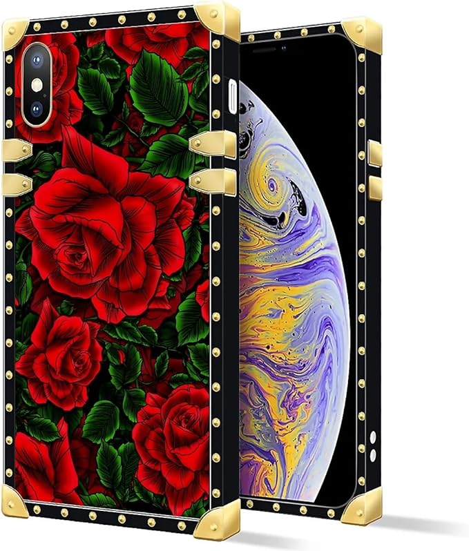 Compatible with iPhone Xs Max Case, Vector Red Rose Green Leaf Luxury Golden Decoration for Girl Women Soft TPU Shockproof Protective Hard PC Back for iPhone Xs Max