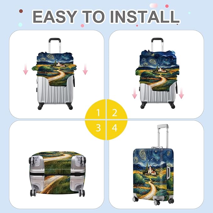 ANNA QUEEN Starry Night Landscape Luggage Cover, Artistic Oil Painting Style Suitcase Protector for 24-26 Inch Bags