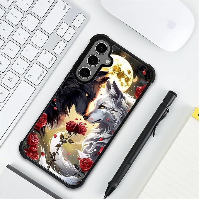 for Samsung Galaxy S24 S25 Plus Case, Black White Wolf Moon Flower Rose Pattern Graphic Design Girl Boy Soft Silicone Hard Acrylic Shock Protection for Samsung Galaxy S24 S25 Plus