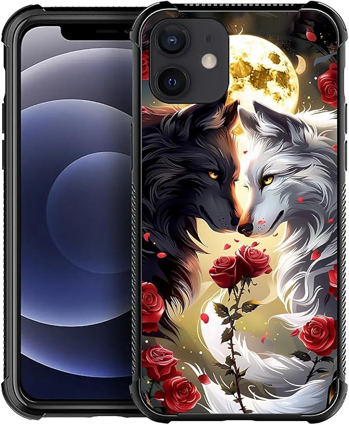 for iPhone 12 Mini Case, Black White Wolf Moon Flower Rose Pattern Made of Soft Silicone Hard Acrylic Shock Protection for iPhone 12 Mini