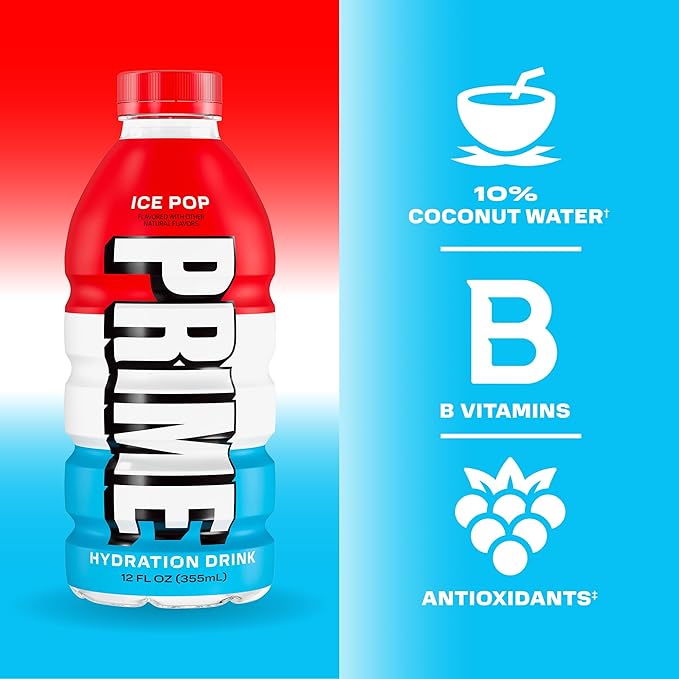 PRIME Hydration Ice Pop & Orange Swirl Sports Drinks with Coconut Water, Electrolyte Enhanced to Replenish Fluids, Zero Added Sugar, B Vitamins, Antioxidants, Natural Flavors, 12 Fl Oz 24 Pack