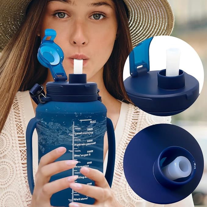 64oz Foldable Water Kettle - Straw & Motivational Time Marker, Half Gallon Silicone Reusable Bottle for Airport Travel, Outdoor Adventures & Home/Office (Blue)