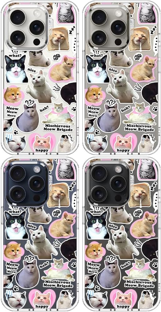 MOSNOVO Case for iPhone 15 Pro, [Buffertech 6.6ft Military-Grade Drop Protection] [Anti Peel Off Tech] Clear TPU Bumper Phone Case Cover Design - The Cat Brigade