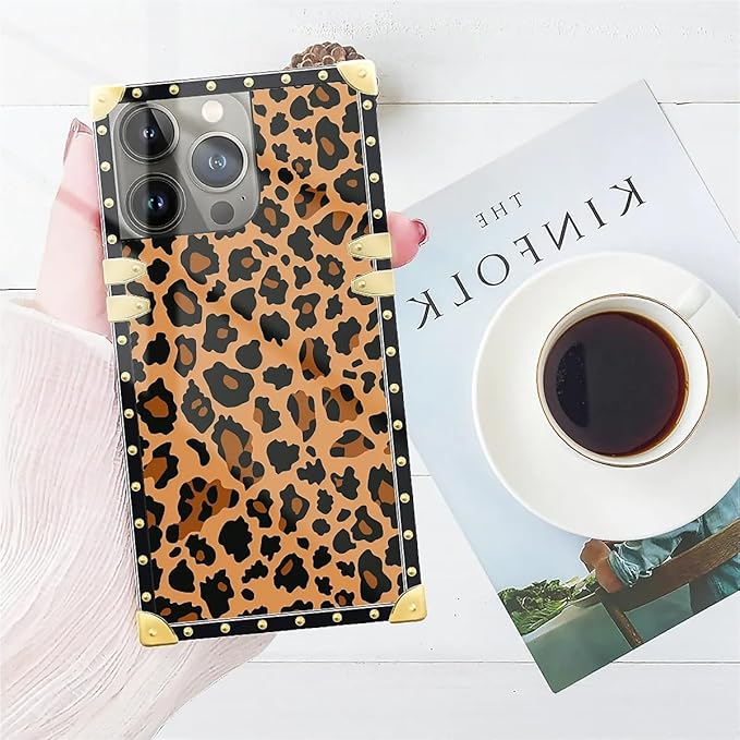 Compatible with iPhone 14 Pro Max Case, Brown Leopard Texture Luxury Golden Decoration for Girl Women Soft TPU Shockproof Protective Hard PC Back for iPhone 14 Pro Max