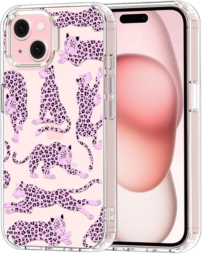 MOSNOVO Case for iPhone 15 Plus/iPhone 14 Plus, [Buffertech 6.6ft Military-Grade Drop Protection] [Anti Peel Off Tech] Clear TPU Bumper Phone Case Cover Design - Pink Leopard