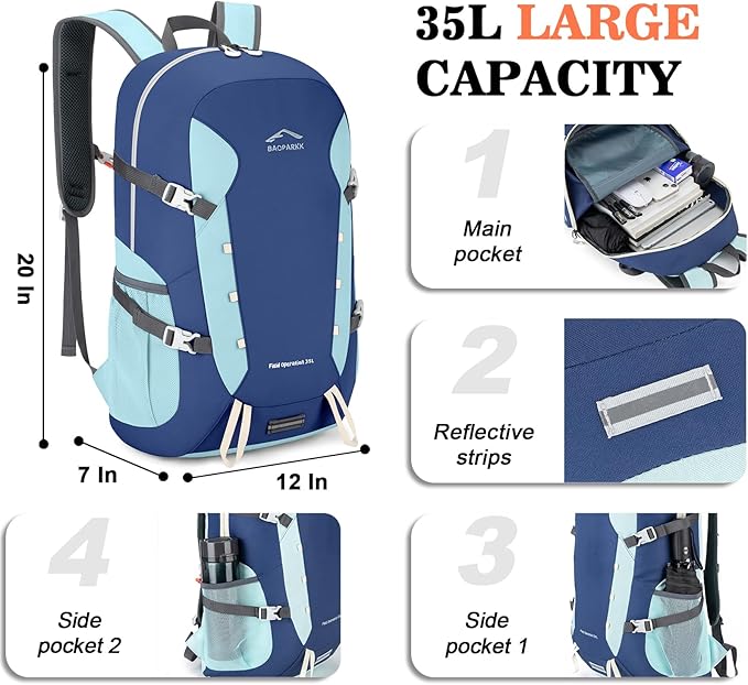 BAGPARKK Hiking Backpack,Large 35L Travel Backpacks for Men Women,Water Resistant Ultra Lightweight Foldable Packable Camping Daypack for Outdoor Sports