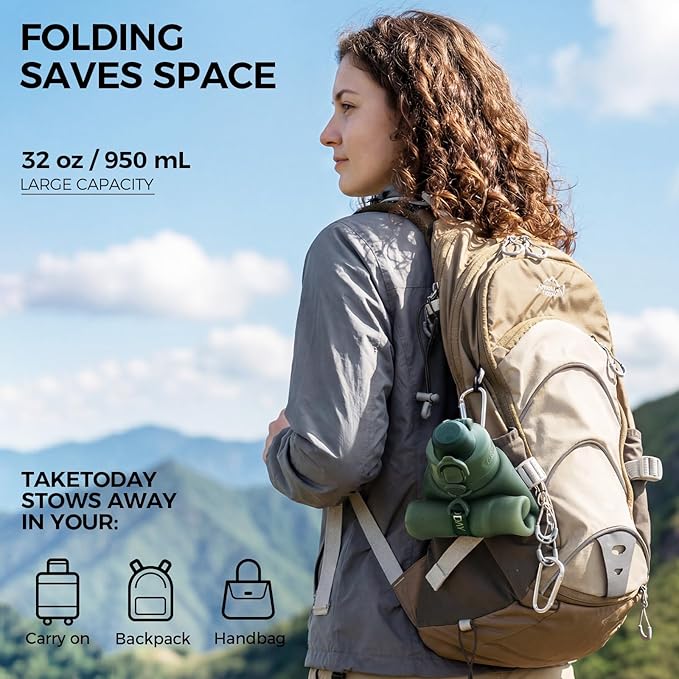 TakeToday Collapsible Water Bottles 32oz, Foldable Travel Bottle, TSA-Approved Leakproof Newly Silicone Water Bottle for Hiking, Travel, Outdoors, Green