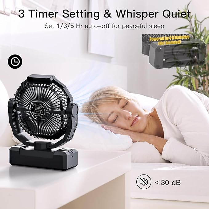 Battery Operated Fan [200H Max], 2 in 1 D-Cell Battery & USB Powered Fans, Portable Camping Fan with 4 Speeds, Light, Timer, Remote for Outdoor Tent, Travel, Picnic, Office, Bedroom - Black