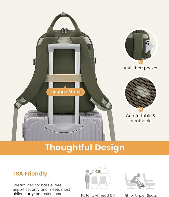 LOVEVOOK Laptop Backpack for Women - Stylish Work Backpack with Large Cup Holder, Waterproof College Teacher Backpack, Green, 15.6Inch