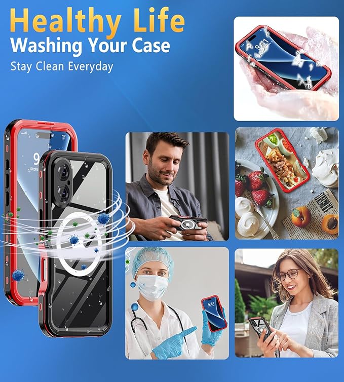 for iPhone 16 Case Waterproof | Full Body Shockproof Dust Proof Phone Case Cover with Screen Protector - Red