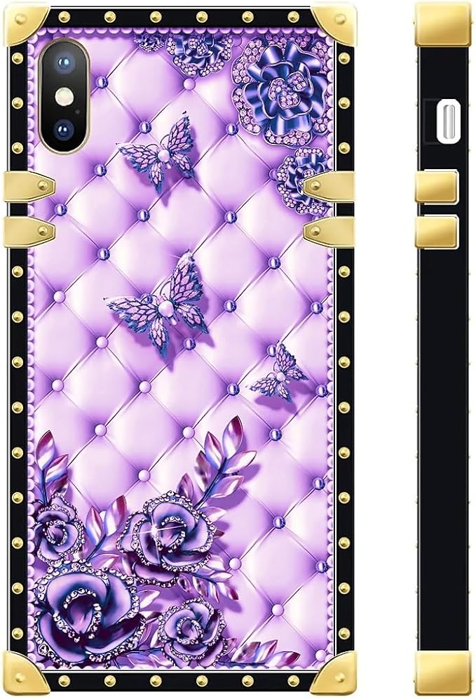 Compatible with iPhone XR Case, Purple Butterfly Flowers Leaf Luxury Golden Decoration for Girl Women Soft TPU Shockproof Protective Hard PC Back for iPhone XR