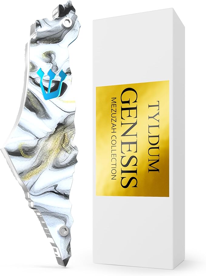 Genesis Mezuzah for Door – Modern Acrylic Mezuzah Case Without Kosher Scroll – Handmade in Canada Judaica Gift, Weatherproof, Jewish Artisan Design, Clear Case (Map, White Marble)