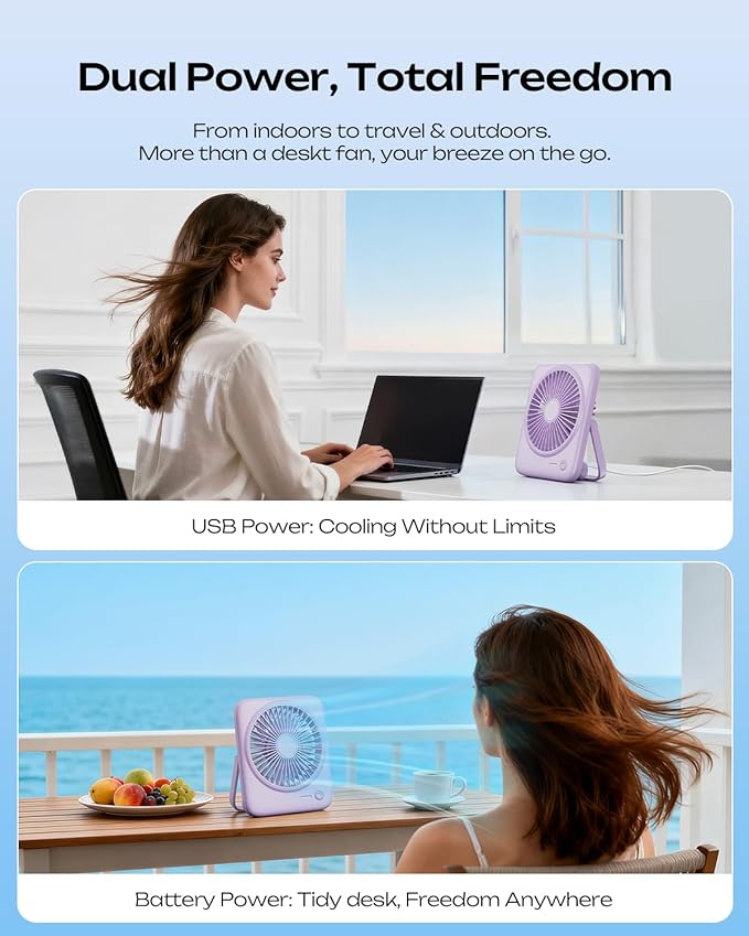 Otlonpe Personal Portable Desk Fan, 4000mAh Small Rechargeable Portable Fan Battery Operated & USB Powered for Travel Sleeping Bedroom Office Home Table, Cordless, Quiet, 4-Speed, 6.5 Inch (Purple)