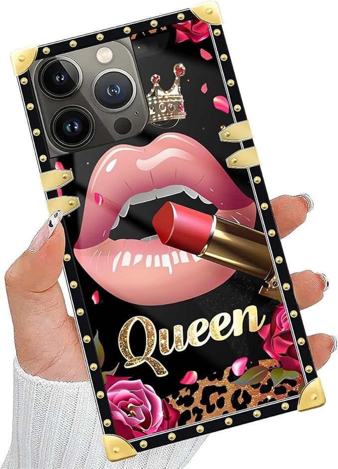 Compatible with iPhone 15 Pro Case, Glitter Red Rose Queen Leopard Lipstick Luxury Golden Decoration for Girl Women Soft TPU Shockproof Protective Hard PC Back for iPhone 15 Pro