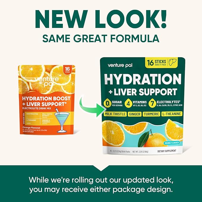 Venture Pal Hydration Packets + Liver Support- Liquid Daily IV Electrolyte Powder Packets with 7 Electrolytes & 5 Vitamins, Milk Thistle + L-Theanine | Sugar-Free | Keto Friendly | Vegan, 16 Sticks