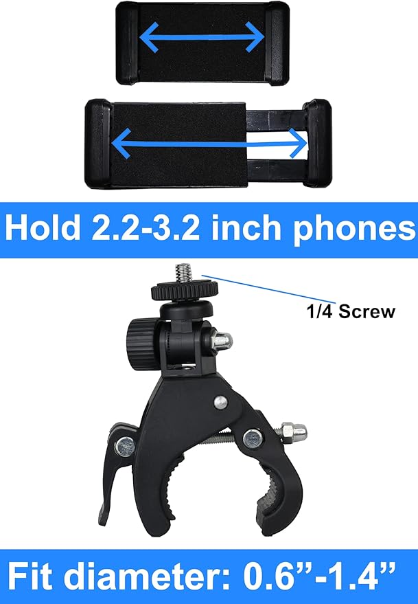 Phone Holder with Clamp for Stroller, Golf Cart, Cell Phone Mount Holder for Bike, Shopping Cart, Wheelchair, Mic Stand Phone Holder