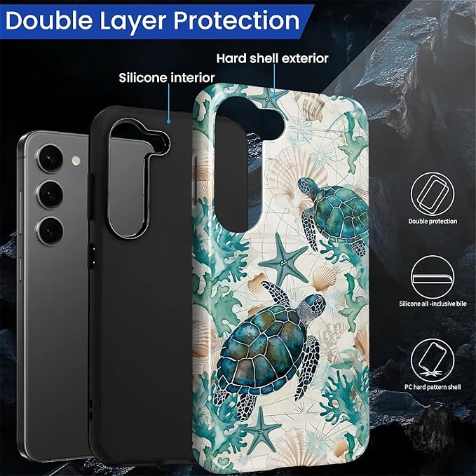 for Samsung Galaxy S23 Plus Case,HL2 Ocean Sea Turtle Nautical Map Hybrid 2 Layer Hard Shell Silicone Protective Pattern Design Case
