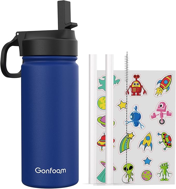 Kids Water Bottle, 16oz Kids Water Bottle with Stickers for School, insulated Stainless Steel Straw Cup(Sapphire Blue)