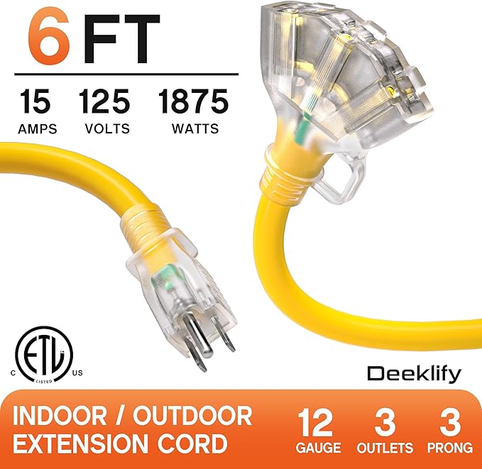 6 ft 12 Gauge Heavy Duty 3 Outlet Extension Cord Splitter with Indicator, Waterproof Outdoor Extension Cord with Multiple Outlets, 15A 1875W for Garden, ETL Listed, Flexible Yellow SJTW