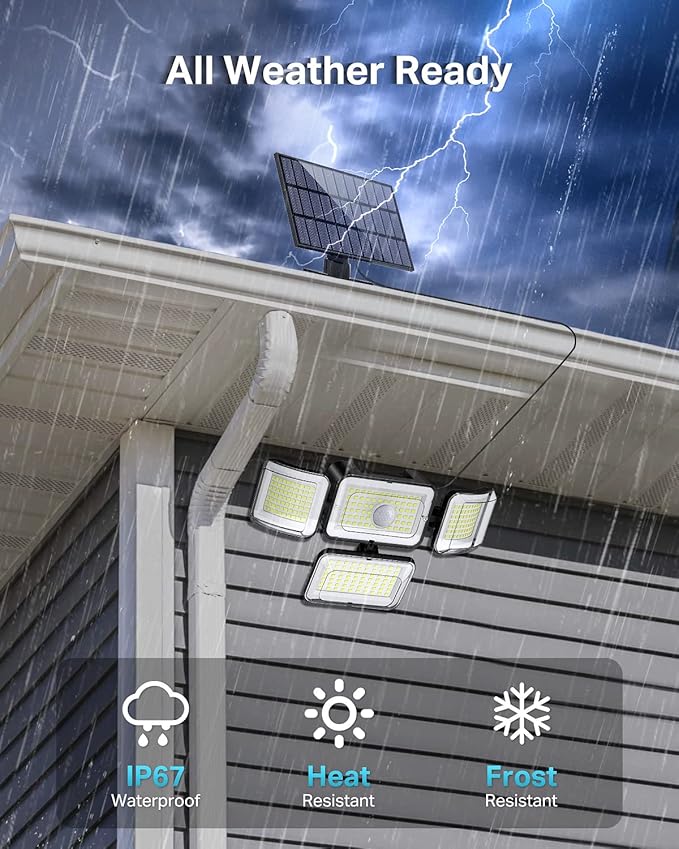 CLAONER Solar Outdoor Lights Motion Sensor 3500LM 288 LED Solar Security Lights with Remote Control IP67 Waterproof 4 Heads Flood Lights with 16.4ft Cable 4 Modes Wall Lights(6 Pack)